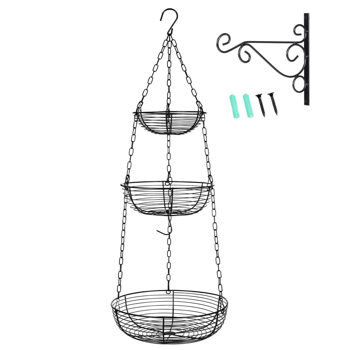 HULISEN 3 Tier Hanging Fruit Basket with Banana Hook, 36-Inch Heavy-Duty Wire Hanging Baskets for Kitchen Storage, Vegetable Produce Organizer (Including Installation Bracket)