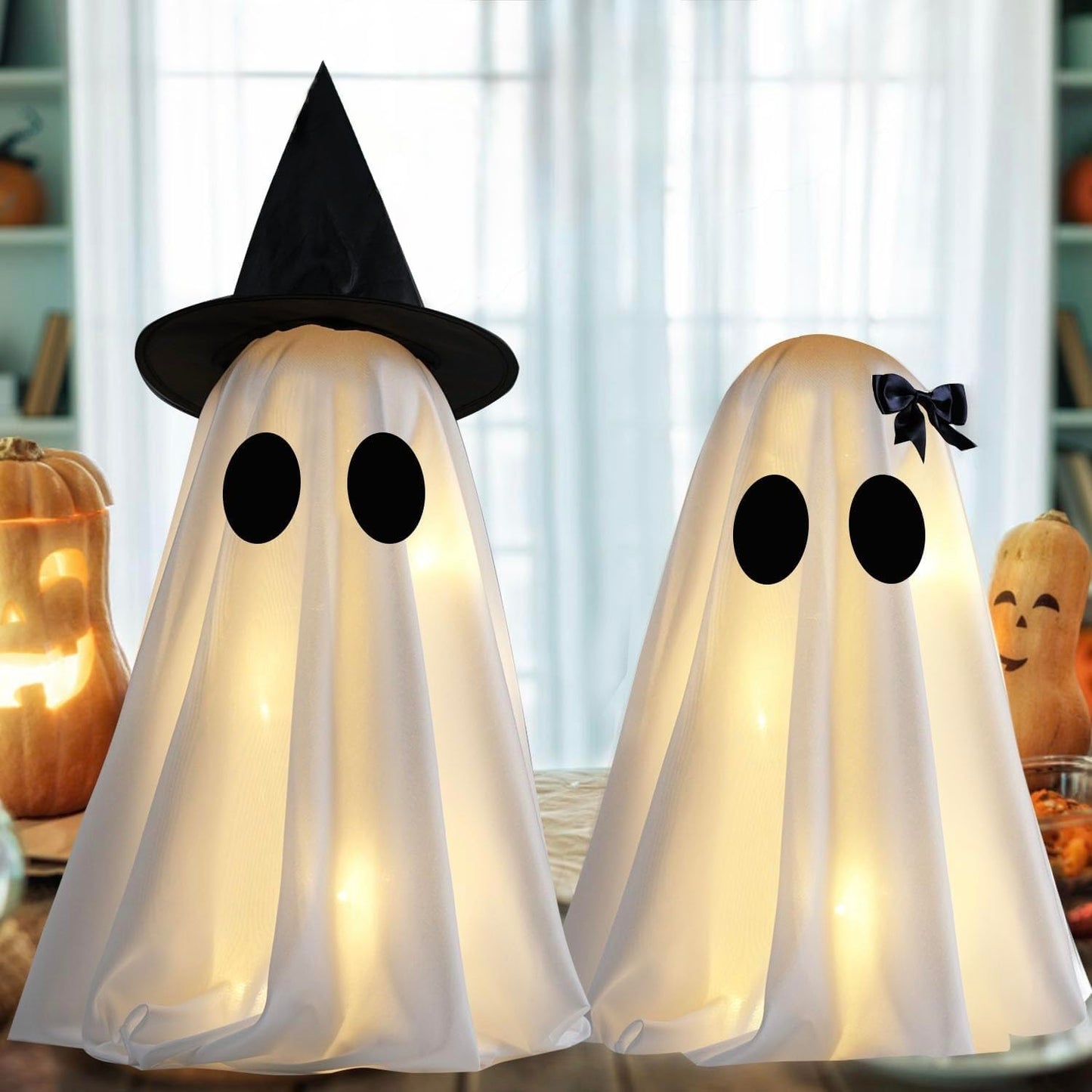 KIWDY [Timer] Light Up Halloween Scary Ghost Decorations, Set of 2 DIY Spooky Crafts for Indoor Home Mantel Shelf & Tabletop Decor White