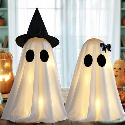KIWDY [Timer] Light Up Halloween Scary Ghost Decorations, Set of 2 DIY Spooky Crafts for Indoor Home Mantel Shelf & Tabletop Decor White
