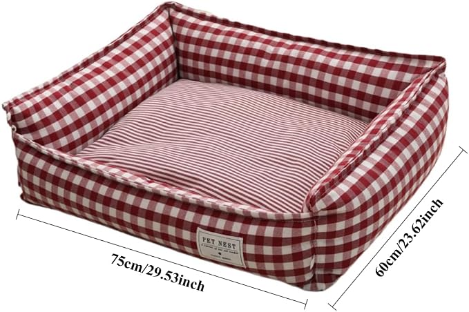 Orthopedic Rectangle Dog Bed for Medium Small Dogs, Plaid Plush Modern Puppy Sofa Bed with Anti-Slip Bottom, Cute Calming Pet Bed(Red,X-Large)