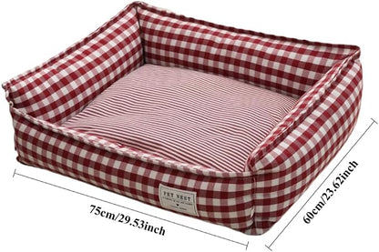 Orthopedic Rectangle Dog Bed for Medium Small Dogs, Plaid Plush Modern Puppy Sofa Bed with Anti-Slip Bottom, Cute Calming Pet Bed(Red,X-Large)