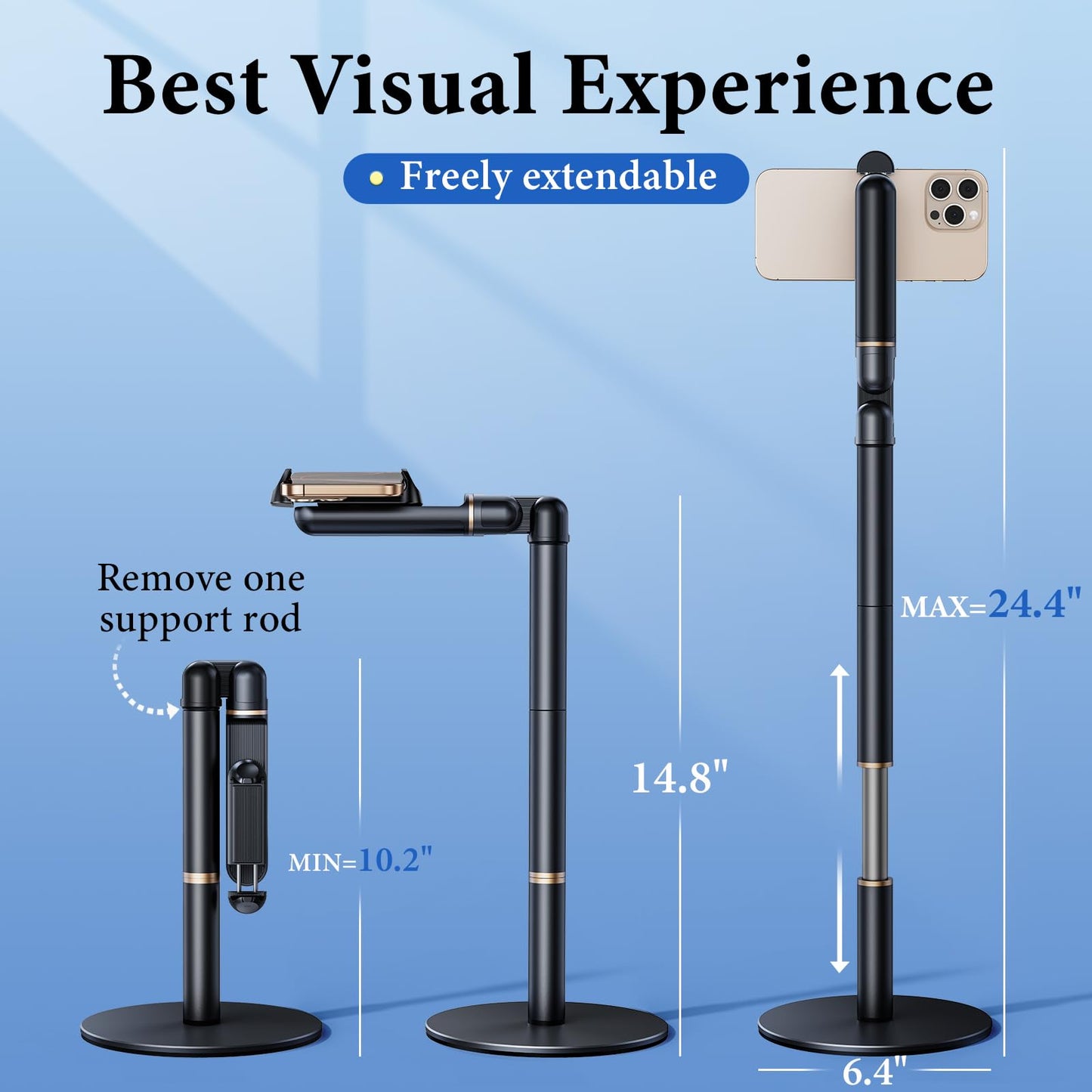 Nauttxon Angle Height Adjustable Phone Holder for Desk [10"-25"] - Retractable Cell Phone Holder for Video Recording Cooking Excising Working Reading -Aluminum iPhone 17 16 15 14 Pro Max Air Stand