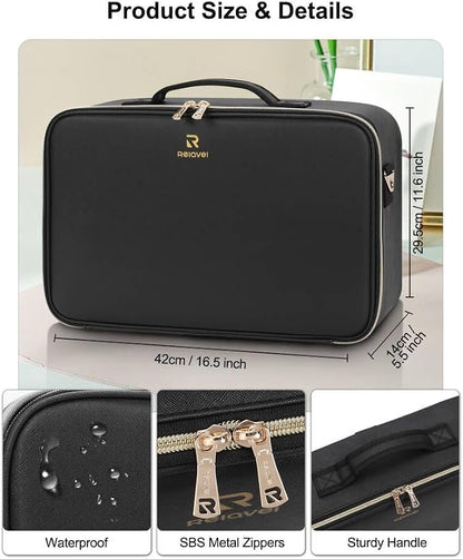 Relavel Travel Makeup Bag With LED Mirror, 16.2" Large Makeup Train Case, 3 Color Scenarios Adjustable Brightness, Waterproof Makeup Train Case Organizer with DIY Dividers for Makeup Artist, Black