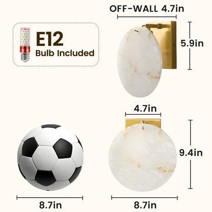 DLITISH Natural Alabaster Wall Sconce, 8.7 inch Round White Marble Wall Lamp with Gold Metal Base, Modern Alabaster Wall Light Fixture for Bedroom, Living Room, Dining Room, Hallway (E12 Bulb)