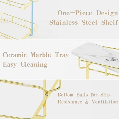 Bathroom Organizer Countertop Perfume Organizer Makeup Organizer Cosmetics Storage Display Rack Vanity Tray Dresser Stainless Steel Gold Shelf White Marble Ceramic Tray