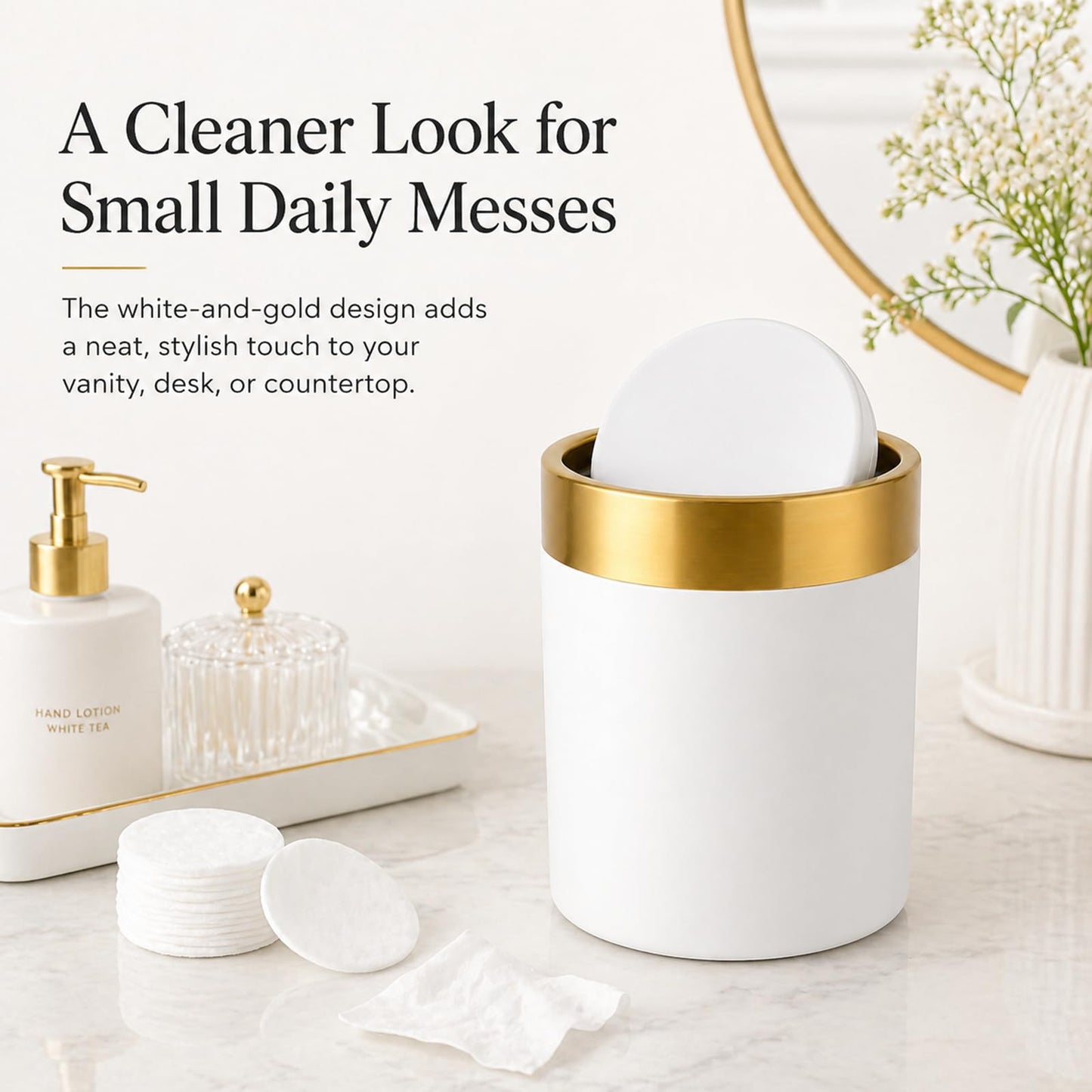JILLICK Mini Trash Can with Lid, 1.5L / 0.4 Gal Small Metal Countertop Trash Bin with Swing Lid for Desk, Coffee Bar, Vanity, Bathroom, Office, White