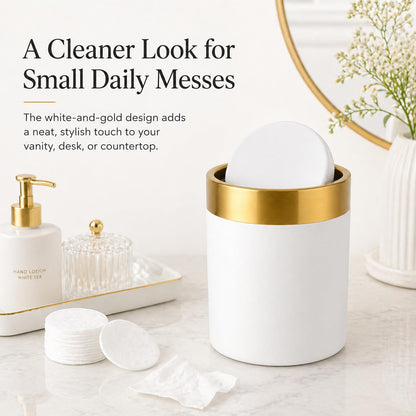 JILLICK Mini Trash Can with Lid, 1.5L / 0.4 Gal Small Metal Countertop Trash Bin with Swing Lid for Desk, Coffee Bar, Vanity, Bathroom, Office, White