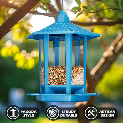 Birdream 2 Pack Bird Feeders for Outdoor Hanging, Retro Pagoda Design Fun Installation Bird Feeders, Attracting Wild Birds Chickadees Goldfinches Cardinals Finches and Sparrows - Blue