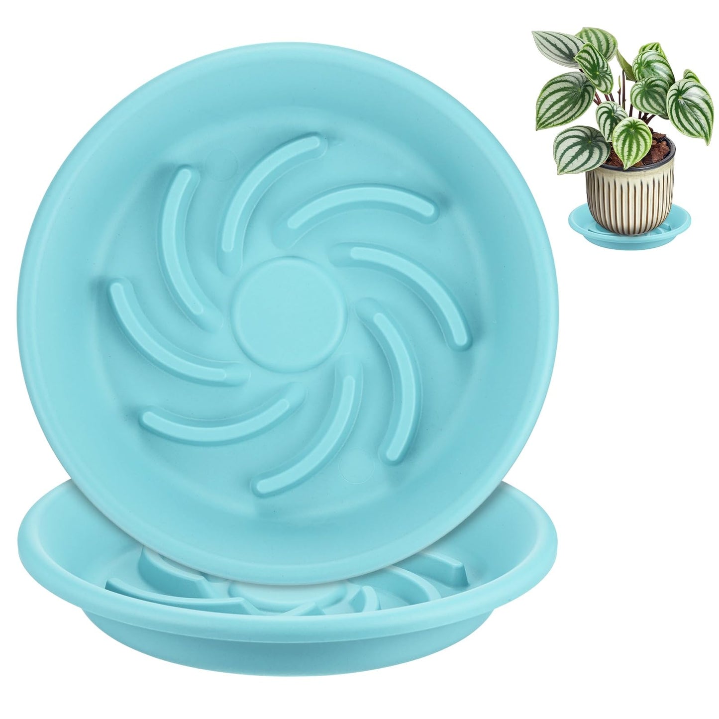 M METERXITY 2-Pack Plant Saucers, 7.3 Inch ID Anti-Rot Root Resin Flower Pot Plant Saucers for Indoor/Outdoor, Flowerpot Drip Tray [9.4 Inch OD, Light Blue]