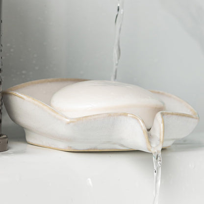 Soap Dishes, Ceramic Shower Soap Dish with Waterfall Design Bar Soap Holder Self Draining Soap Saver for Shower, Bathroom, Sink, Kitchen and Countertop, Beige White