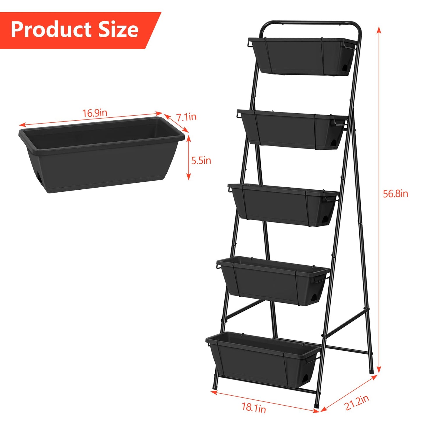 Vertical Garden Planter 5 Tiers Raised Garden Bed Outdoor Standing Herb Garden Planter with Drainage Holes and Removable Tray Planters for Outdoor Plants Vegetables Flowers Black