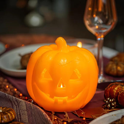 Romingo Decoration flameless Pumpkin Candle Halloween Smile Lighted Pumpkin with 10-Key Remote, Pumpkins Shaped Flameless Real Wax Flickering Candle with Timer for Home Table Centerpiece Decoration
