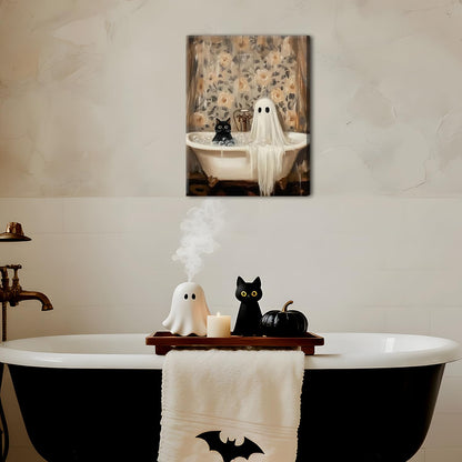 Halloween Ghost Bathroom Canvas Wall Art, Horror Ghost and Cute Black Cat in Bathtub Pictures Wall Decor, Gothic Dark Academia Paintings Prints for Toilet Dorm 12x16 inch Framed