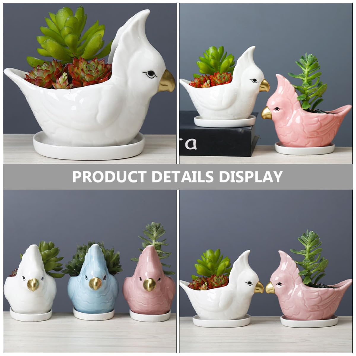 VILLCASE Ceramic Succulent Planter with Saucer Cartoon Bird Flower Pot Desktop Bonsai Pot for Indoor Balcony Gardening Decor