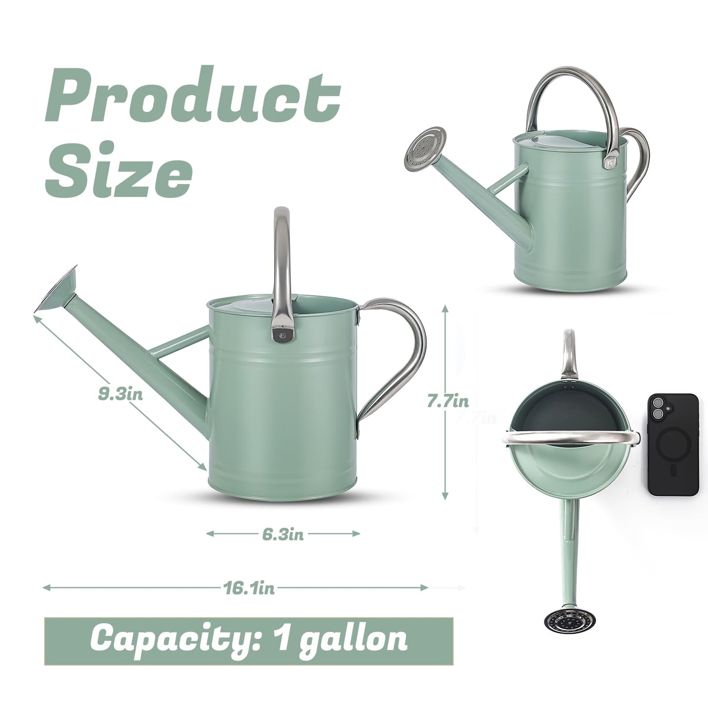 1 Gallon Watering Can for Plants, Watering Cans for Indoor&Outdoor Gardening, Galvanized Steel Watering Pot with Removable Spout, Metal Water Can with Ergonomic Movable Handle(Cream Green)