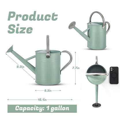 1 Gallon Watering Can for Plants, Watering Cans for Indoor&Outdoor Gardening, Galvanized Steel Watering Pot with Removable Spout, Metal Water Can with Ergonomic Movable Handle(Cream Green)