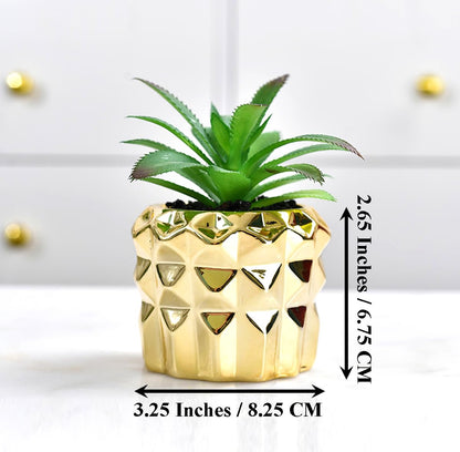 ROSE CREATE 4pcs 3.5 Inches Gold Mini Succulent Ceramic Pots Holder with 4pcs Bamboo Trays, Small Simple Golden Porcelain Plant Cactus Flower Holder Decorative Planters, Plants Not Included