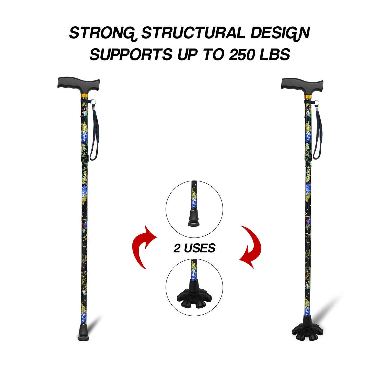 LIXIANG Walking Cane with Replacement Base-Folding Cane,Adjustable Colorful Walking Stick for Men & Women with Comfortable T-Handle,Stylish Balancing Mobility Aid,Black Flower