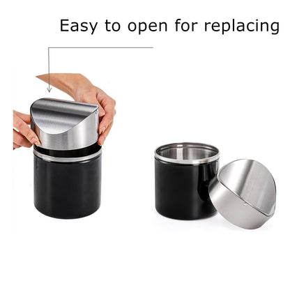 ToppYuanZea 2 Pack Mini Trash Can for Desk, Swing Lid Brushed Stainless Steel Countertop Garbage Bin with 12 Rolls Bags, Modern Tiny Waste Basket for Vanity, Makeup Tabletop, Office Desk, Coffee Table
