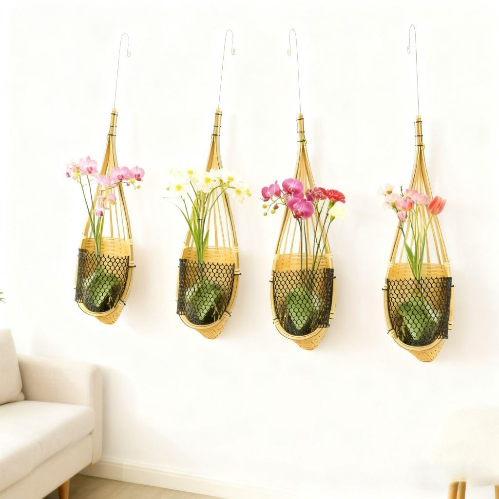 SatisJoy Orchid Hanging Planter, 5 Inch Thai Handmade Bamboo Natural Material Hanging Basket for Indoor Outdoor, Trellis Compatible, Durable Breathable, Set of 4 (Brown)