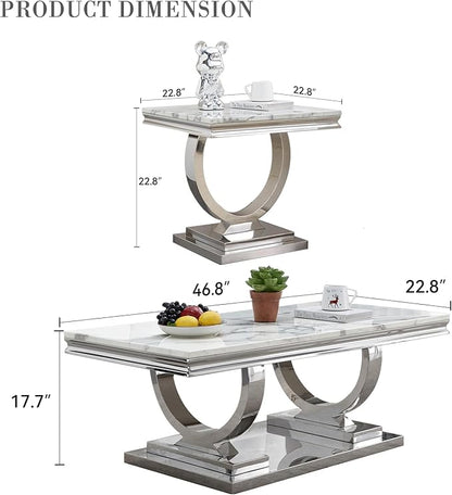 2 Piece Living Room Table Set Include 1 Faux Marble Coffee Table & 1 End Table, Modern White Silver Coffee Table Set of 2 with Double O Shape Stainless Steel Pedestal Base