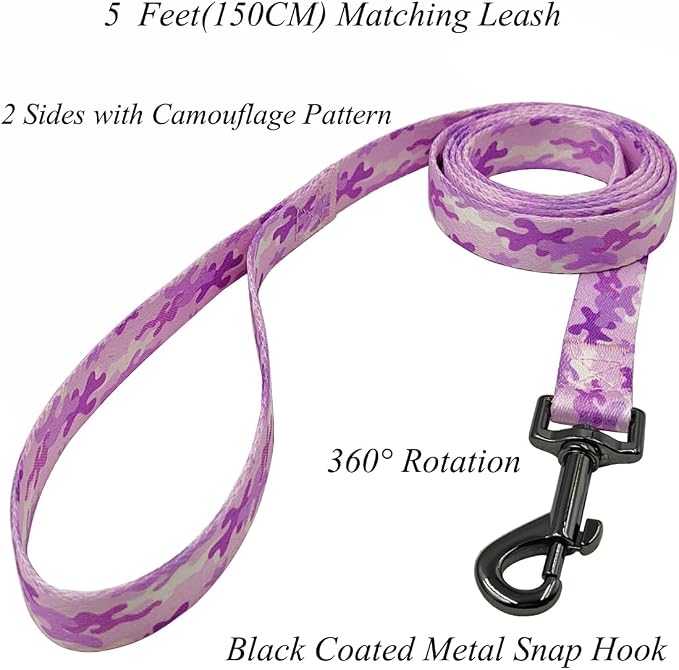 Dog Collar Leash Set, Camouflage Pattern, Polyester Material, Adjustable Collar and 5ft Matching Leash, for Large Dogs.(L, Purple Camo)