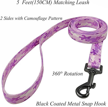 Dog Collar Leash Set, Camouflage Pattern, Polyester Material, Adjustable Collar and 5ft Matching Leash, for Large Dogs.(L, Purple Camo)