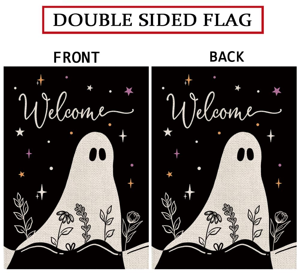 Halloween House Flag Ghost Black Burlap Double Sided 28x40 Inches Halloween Holiday Welcome Sign for Yard Lawn Home Outdoor Decor