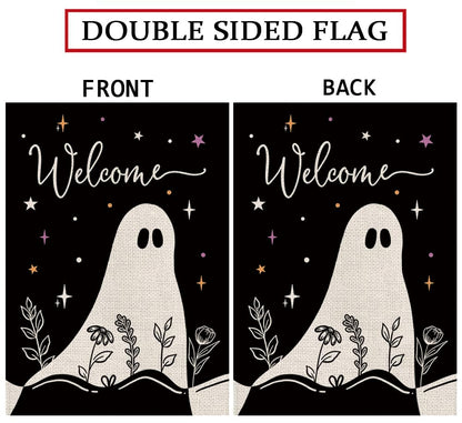 Halloween House Flag Ghost Black Burlap Double Sided 28x40 Inches Halloween Holiday Welcome Sign for Yard Lawn Home Outdoor Decor