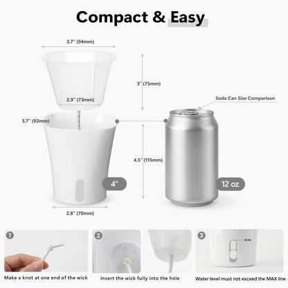 FYRIXONE 10 Pack 4" Self Watering Small White Plant Pots for Indoor Plants, Clear Inner Cup, Water Level Indicator, Drainage Holes & Wick, for Cuttings, Seedlings, Herb, African Violet, Hoya, Begonia