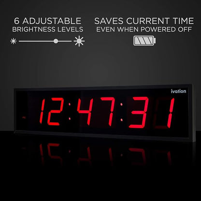 Ivation Huge Oversized 48" Large Digital LED Clock | Big Digital Clock w/Multi-Function Display – Stopwatch, Timer, Alarms, Temp & Date | 6 Brightness Levels, Time Memory & Remote (Red)
