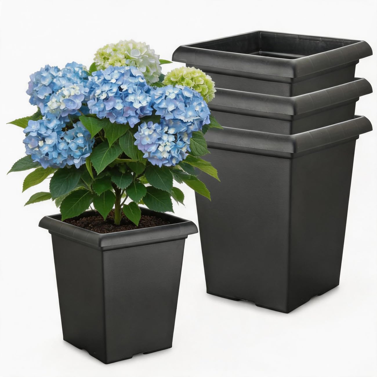 10 inch Square Planters - 4 Pack Deep 13 inch Plastic Plant Pot with Drainage Holes & Raised Feet, Matte Black 4 Gal Heavy Duty Thick Indoor Outdoor Flower Pot for Trees, Roses, Tomatoes