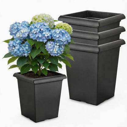 10 inch Square Planters - 4 Pack Deep 13 inch Plastic Plant Pot with Drainage Holes & Raised Feet, Matte Black 4 Gal Heavy Duty Thick Indoor Outdoor Flower Pot for Trees, Roses, Tomatoes