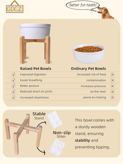 GDCZ 65 Oz Large Ceramic Raised Dog Food Bowl with Wooden Stand, White | Large 65oz Food Water Dish, Elevated Wooden Stand For Neck Relief, Heavy Tip-Proof Ceramic, Modern Fluted Design Textured
