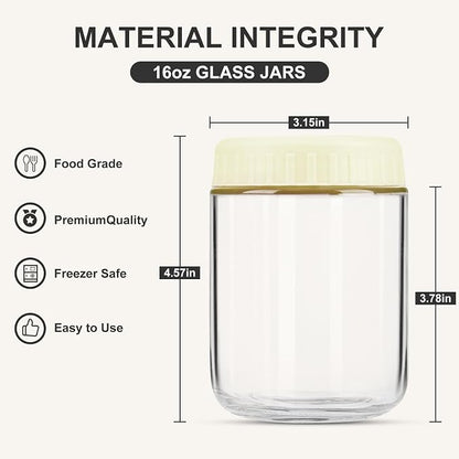 SHOWIN Overnight Oats Containers with Lids, 16oz Glass Jars with Lids 4 pcs, Milk White, Wide Mouth Mason jars for Salad, Yogurt, Snacks, Meal Prep