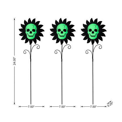 Glitzhome Set of 3 Glow in Dark Halloween Sunflower Skulls Metal Yard Stake, 24" Metal Yard Sign or Wall Decor for Outdoor