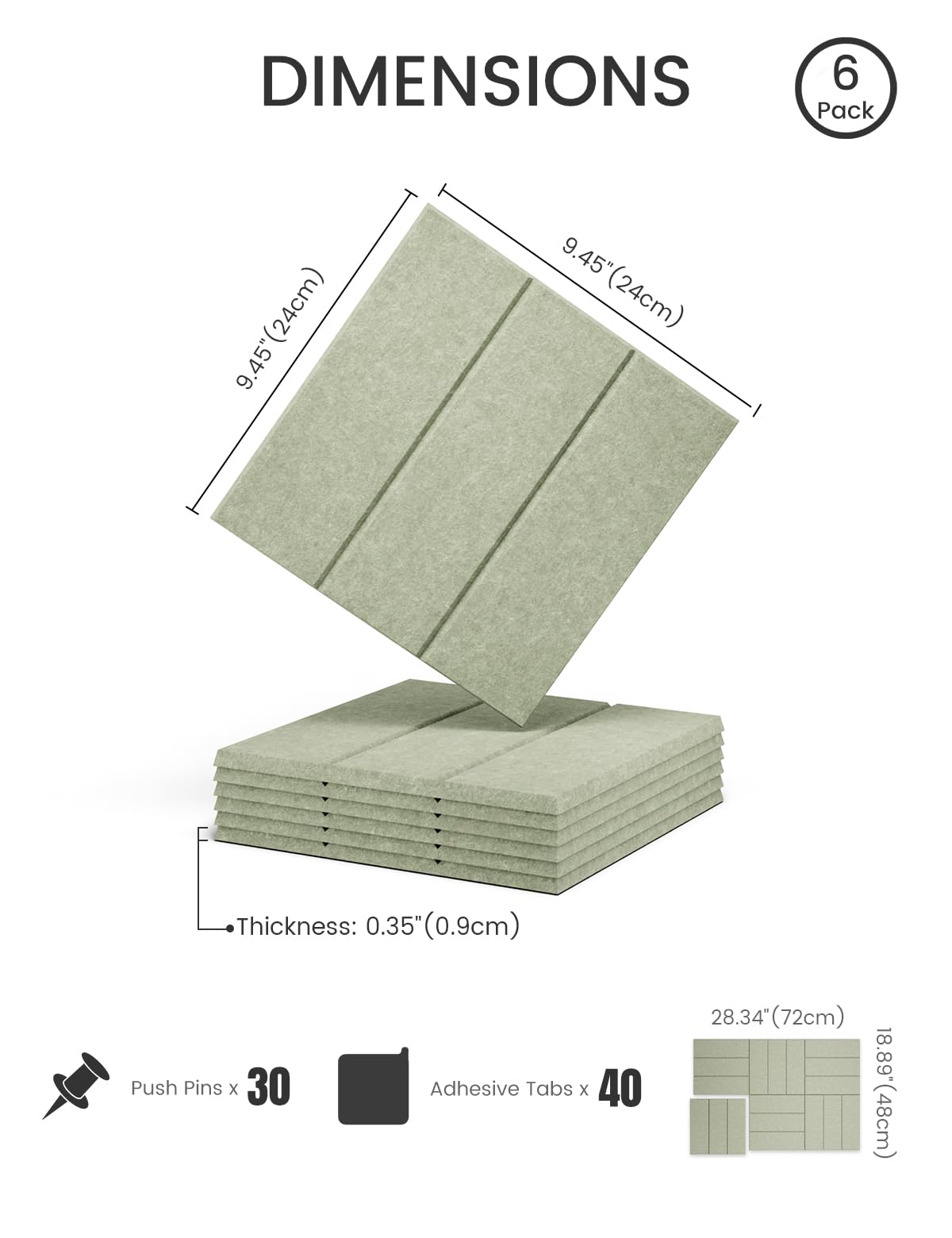 Felt Bulletin Board Tiles -28"x18" with 40 Adhesive Tabs, Cork Board Alternative for Office Decor, Push Pin Board Wall Organizer 6-Pack (Sage)