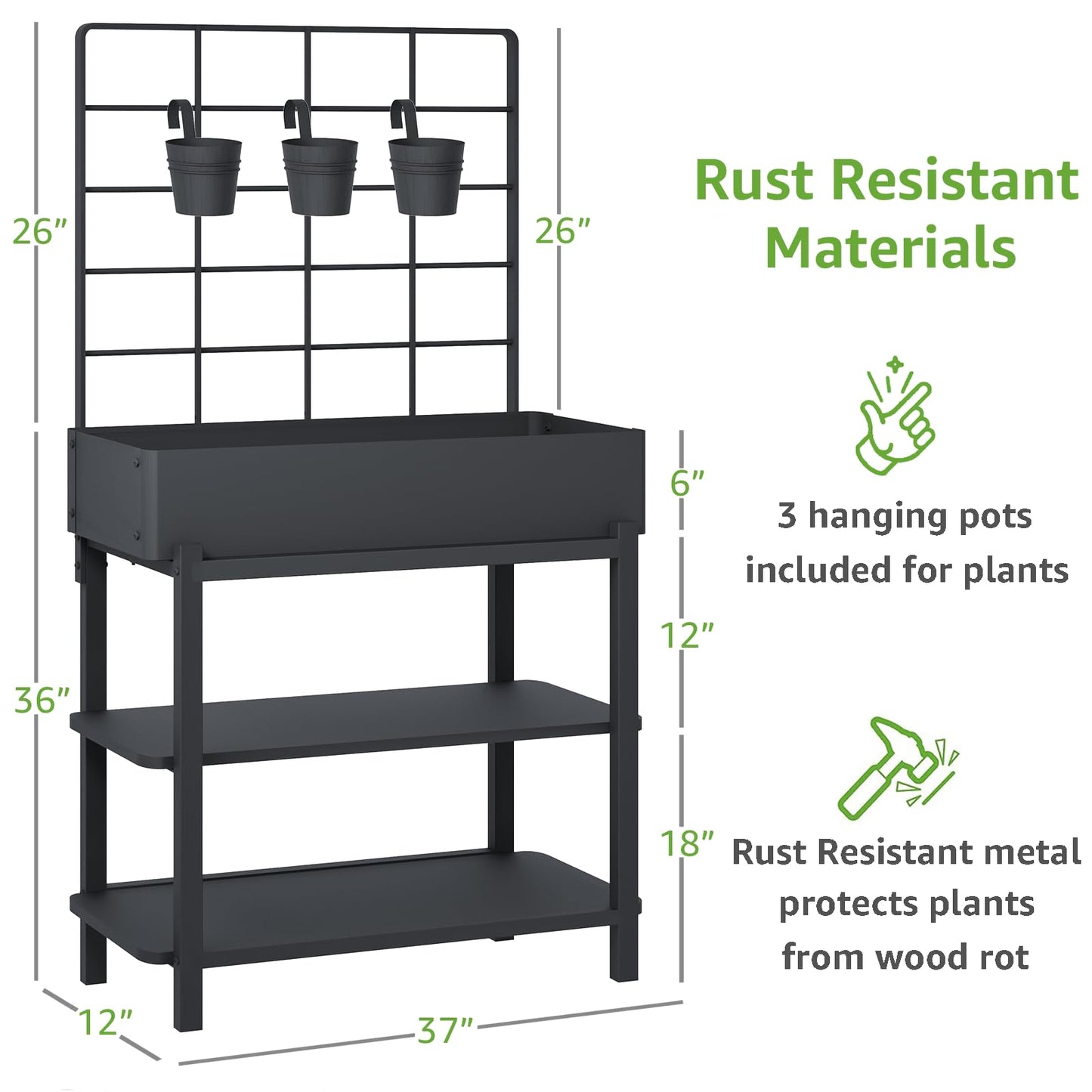 FOYUEE Metal Raised Garden Bed with Trellis & 2-Tier Storage Shelf, Elevated Planter Box with Legs -Includes 3 Flower Pots, Outdoor Vertical Garden for Vegetables Herbs Climbing Plants Patio Balcony
