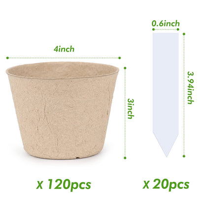 homenote Peat Pots, 4 Inch Seed Starting Pots with Drainage Holes Round(120 Pcs) with 4 Inch Plastic Plant Labels Waterproof Plant Tags(200 Pcs)