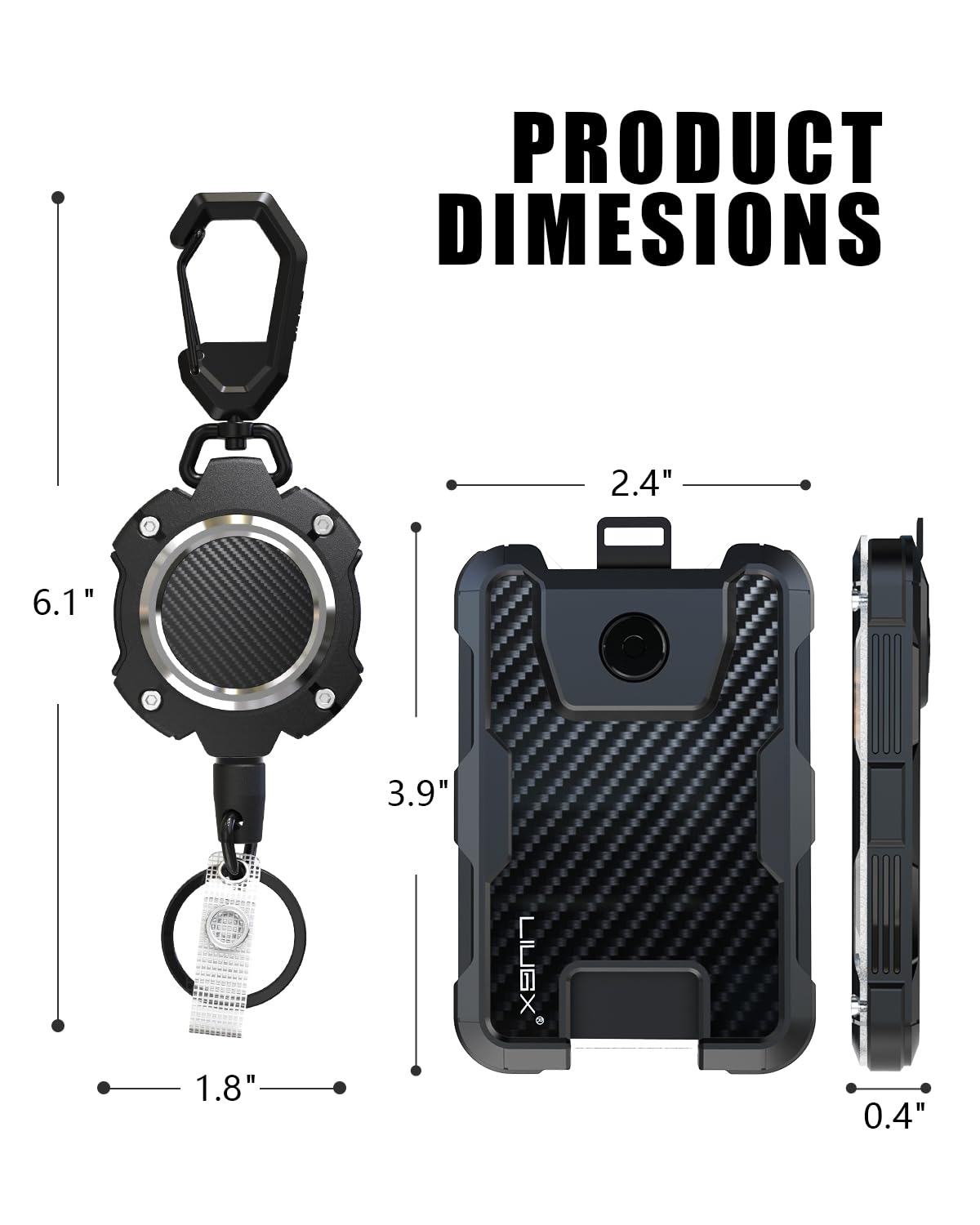 LIUGX Retractable Badge Holders,Carbon Fiber Badge Holder,Heavy Duty Carabiner Keychain, Durable ID Card Holder (Holds 6 Cards), with 31.5” Badge Reel Key Chain, 10,000+ Rebound,Silver-Black
