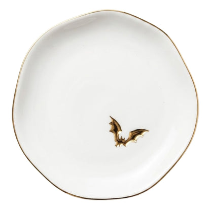 InnoBeta Bat gifts, Halloween Goth gifts, Bat Decorative Trinket Dish, 4.75" Handcrafted Ceramic Ring Dish with Gold Trim, Birthday Gift for Women