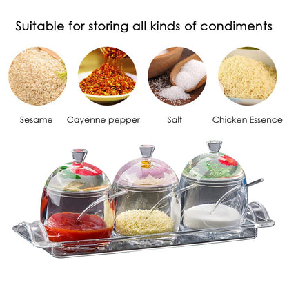 TINMIX Clear Seasoning Box - 3PCS Acrylic Condiment Pots for Salt Sugar Herbs, Spice Jar Containers with Base, Lids and Spoons