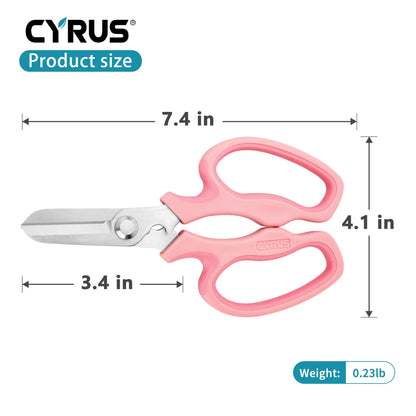 CYRUS Garden Shears Pruner Secateurs 7.5" Pruning Scissors with Integrated Stab Remover Flower Sharp Gardening hand tools Florist Bonsai Cutters Rose Snips Pink