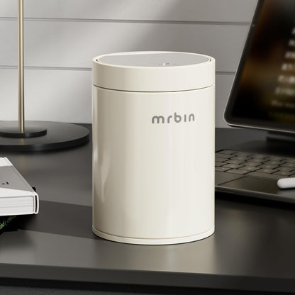 MRBIN Mini Desktop Trash Can with Press Lid, 1.5L/0.4Gal Cylindrical Stainless Steel Tabletop Garbage Bin, Cream White, Anti-Fingerprint, Small Waste Basket for Desk, Vanity, Office, Bedroom