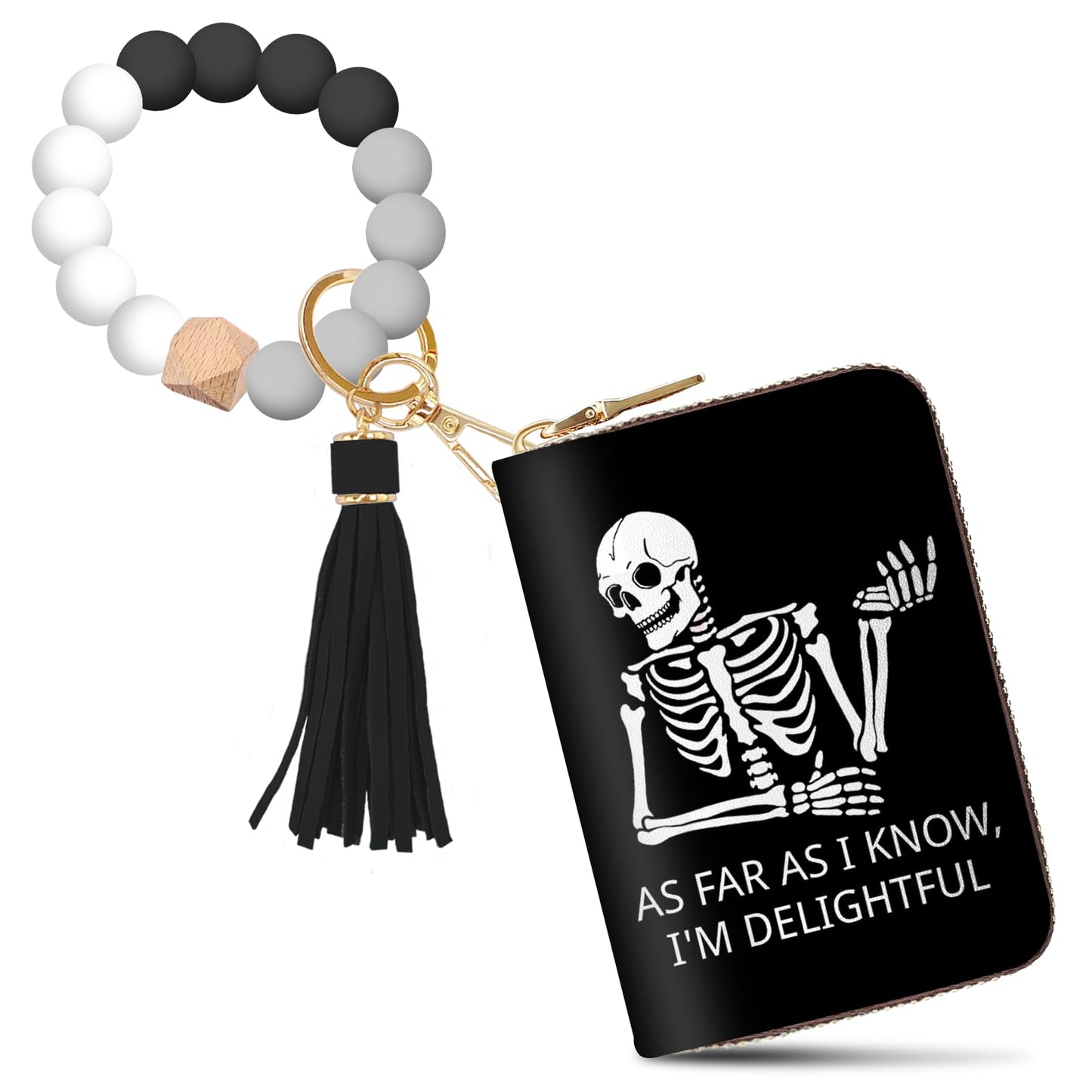 Yonlevres Skeleton Credit Card Holder Keychain Wristlet Bracelet Wallet Women, Gothic Skull Small Wallet Silicone Beaded, Funny Halloween Leather RFID Blocking Wallets Mini Card Case Accordion Gift
