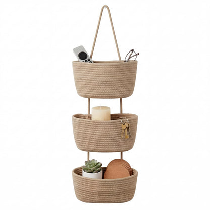 Britwicfr Hanging Wall Basket, Over the Door Hanging Basket with Hooks, Cotton Back of Door Organizer for Living Room, Bedroom, Boho Wall Decor, Toy Storage, Jute
