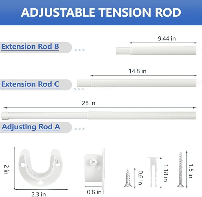 SUTINE Closet Rod, 17 to 53 Inch Closet Rods for Hanging Clothes, Heavy Duty Adjustable Closet Hanging Rod Bar White Closet Poles for Wardrobes, Closet, Bathroom, Windows,1.3 Inch Diameter