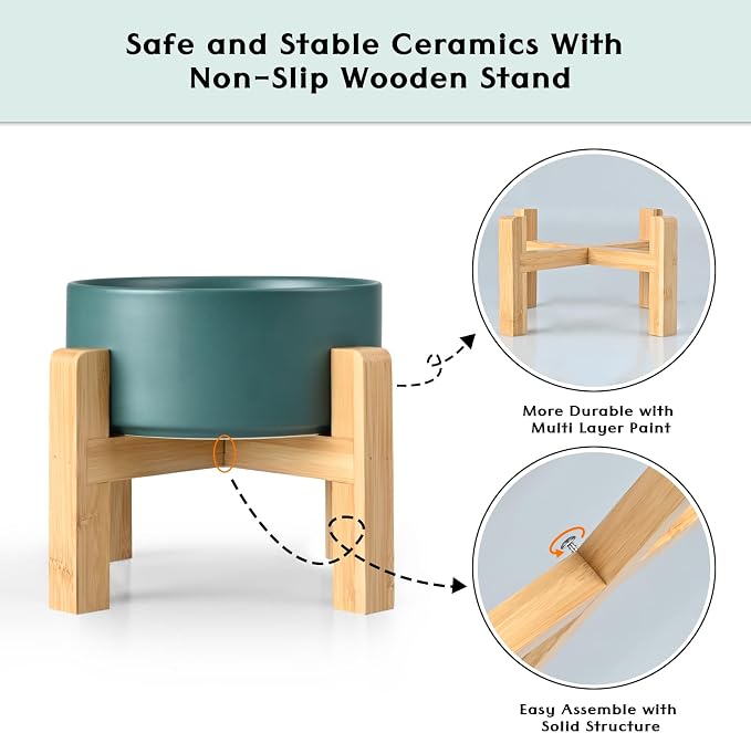 SPUNKYJUNKY Ceramic Elevated Dog Bowls 2 Pack - 5.1inch Raised Dog Bowls with Non-Slip Wooden Stand for Small Dogs Dishwasher Safe(Green,13.5OZ*2)