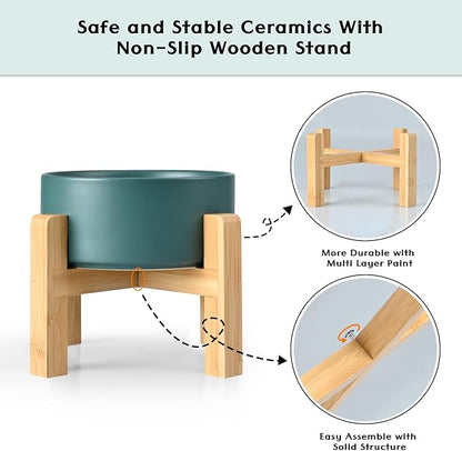 SPUNKYJUNKY Ceramic Elevated Dog Bowls 2 Pack - 5.1inch Raised Dog Bowls with Non-Slip Wooden Stand for Small Dogs Dishwasher Safe(Green,13.5OZ*2)