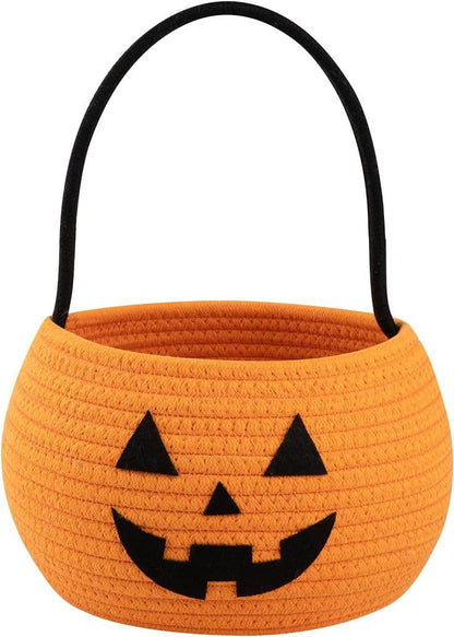 Pumpkin Storage Basket | Woven Cotton Rope Bin | Cute Halloween Candy Bowl, Trick or Treat Bag, Boo Gift, Stuffer Filler | Multipurpose Home Organizer & Gift Basket with Handles | Decorative Container